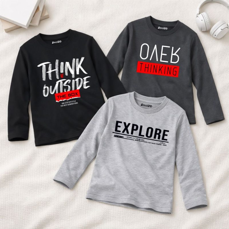 Pack of 3 Think Over Explore Printed Long Sleeve T-shirts For Tween Kids Pack of 3 Think Over Explore Printed Long Sleeve T-shirts For Tween Kids