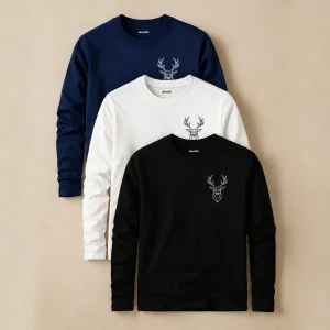 Pack of 3 Urban Wild Stag Printed Full Sleeve T-Shirts for Men