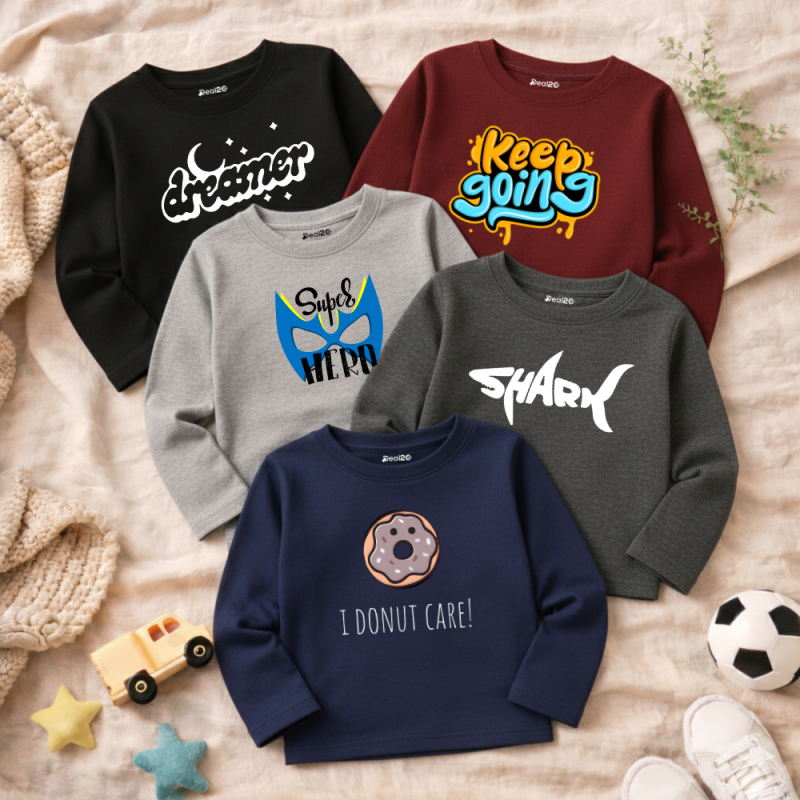 Pack of 5 Donut Shark Dreamer Printed Long Sleeve T-shirts for Young Kids Pack of 5 Donut Shark Dreamer Printed Long Sleeve T-shirts for Young Kids