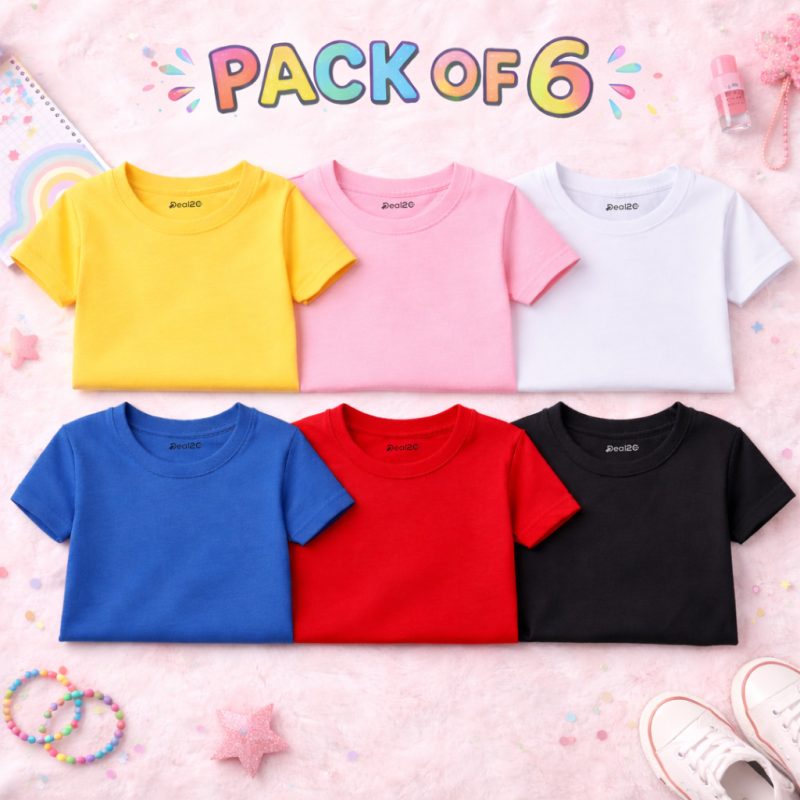 Bundle of 6 Plain Basic Summer Colorful T-Shirts For Girls