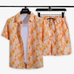 Men Palm Tree Orange Checked Printed Summer Beach Short Suit