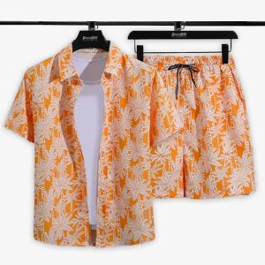 Men Palm Tree Orange Checked Printed Summer Beach Short Suit