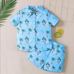 Kids Sky Blue Palm Tree Printed Summer Short Suit