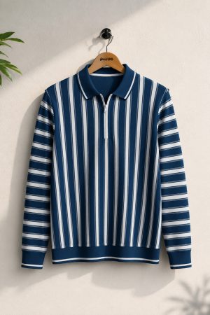 Stripe Zip Blue Collar Shirt for Mens