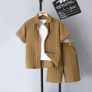 Stylish Ribbed Brown Summer Co-Ord Set for Boys