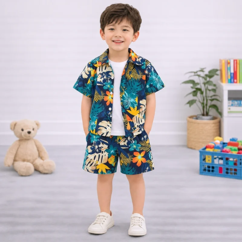 Tropical Leaves Beach Vacation Short Sleeve Shirt And Shorts Set For Kids