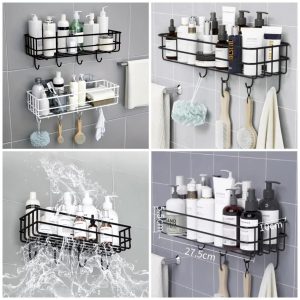 Wall-Mounted Bathroom Storage Rack – Waterproof Organizer with Hooks