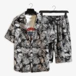 Men White Leaf Printed Black Summer Short Suit