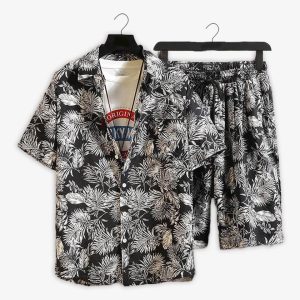 Men White Leaf Printed Black Summer Short Suit