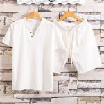 Men White Short Sleeve Pullover Button Summer Short Suit