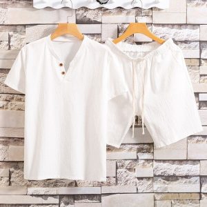 Men White Short Sleeve Pullover Button Summer Short Suit