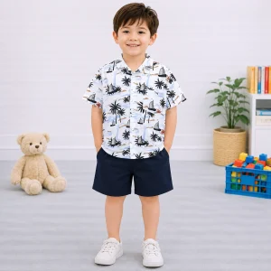 Young Boy Tropical Palm Tree Surfing Printed Summer Short Suit