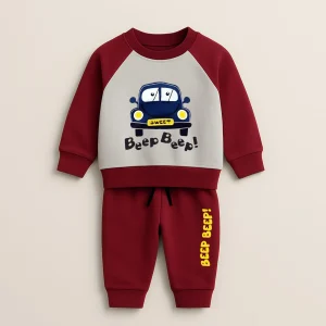 Maroon Beep-Beep Printed Raglan Tracksuit for Young Kids