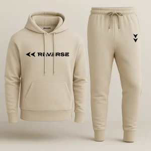 Reverse Printed Beige Hooded Tracksuit – Unisex
