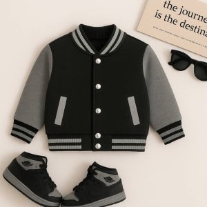 Shadow Storm – Black & Charcoal Varsity Jacket for Kids