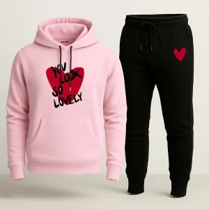 Contrast Black & Pink Look Lovely Printed Hooded Tracksuit for Women