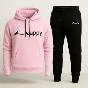 Contrast Black & Pink Happy Printed Hooded Tracksuit for Women