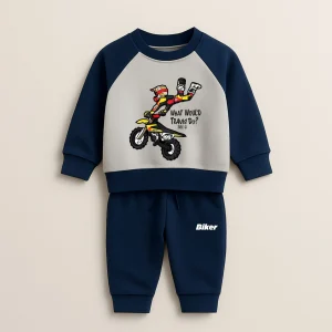 Navy Blue Biker Printed Raglan Tracksuit for Young Kids