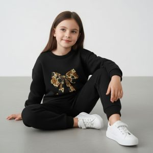 Girls Black Leopard Bow Sweatshirt & Joggers Set