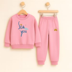 Pink Sea You Printed Sweatshirt Tracksuit for Girls