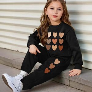 Heart Graphic Print Long Sleeve Sweatshirt Top and Pants Set For Girls