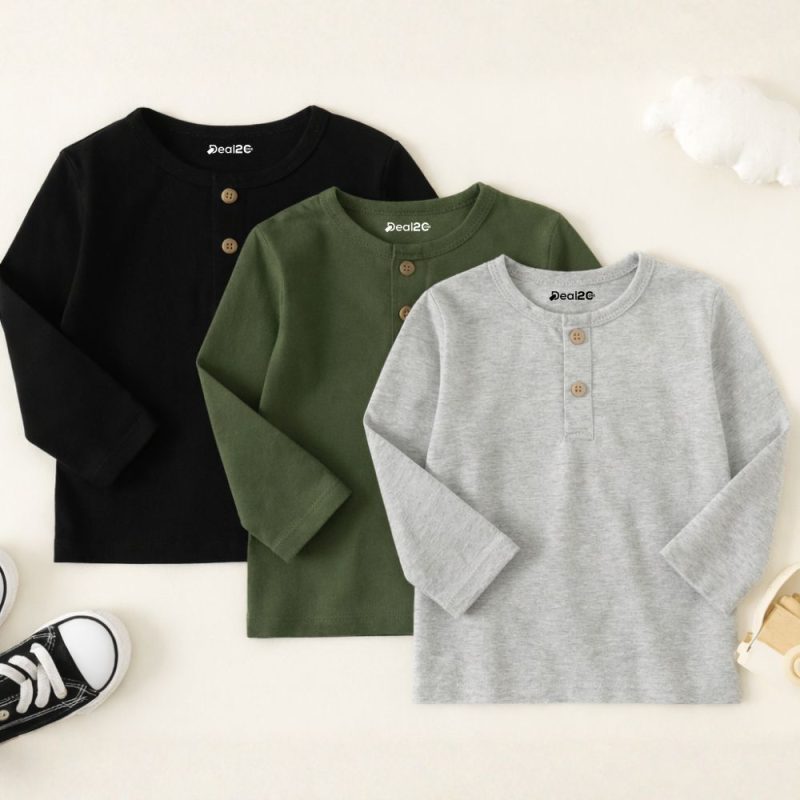 Bundle of 3 Henley Buttoned Long Sleeve T-Shirts for Kids