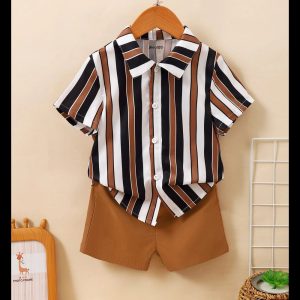 Kids Casual Flamingo And Stripe Pattern Summer Short Suit