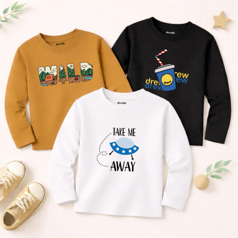 Pack of 3 Take Wild Away Printed Long Sleeve T-shirts for Young Kids Pack of 3 Take Wild Away Printed Long Sleeve T-shirts for Young Kids