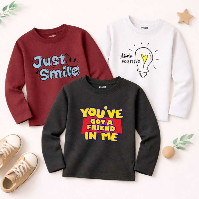 Pack of 3 Just Positive Smile Printed Long Sleeve T-shirts for Young Kids Pack of 3 Just Positive Smile Printed Long Sleeve T-shirts for Young Kids