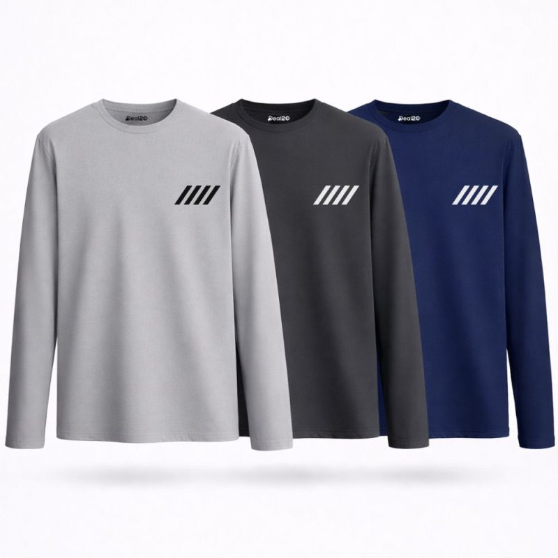 Pack of 3 Slanted Lines Printed Long Sleeve T-shirts for Men
