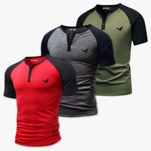 Bundle of 3 Summer New Casual Mens Henley Short Sleeve T-Shirts
