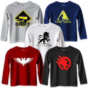 Pack of 5 Drift Wild Lion Zone Printed Long Sleeve T-Shirts For Tween Kids