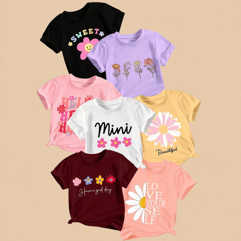Pack of 7 Sweet Mini Lover Yourself Printed T Shirts For Girls