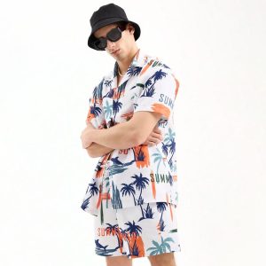 Men Beach Shark Palm Printed Summer Short Suit