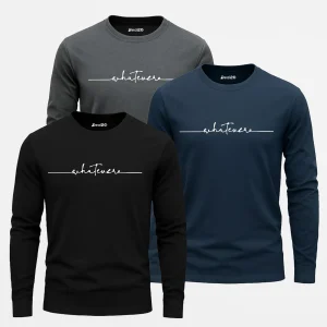 Pack of 3 Whatever Slogan Printed Long Sleeve T-Shirts for Men