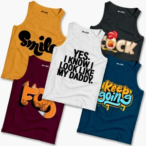 Pack of 5 Yes Keep Smile Fox Cock Kids Printed Tank Tops