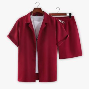 Men Maroon Front Open Summer Short Suit