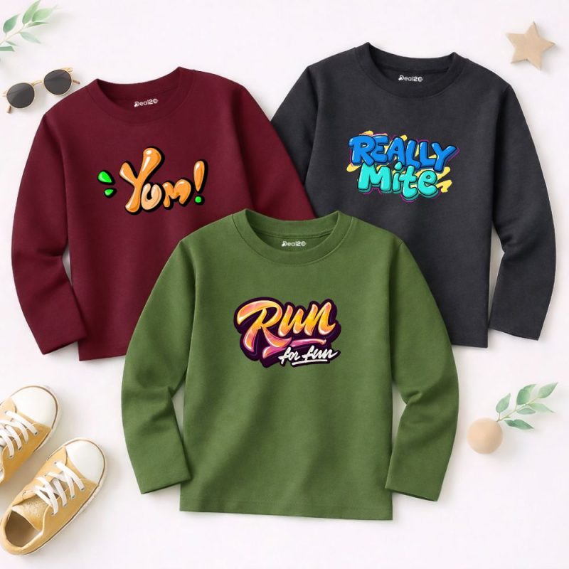 Pack of 3 Run Mite Printed Long Sleeve T-shirts for Young Kids