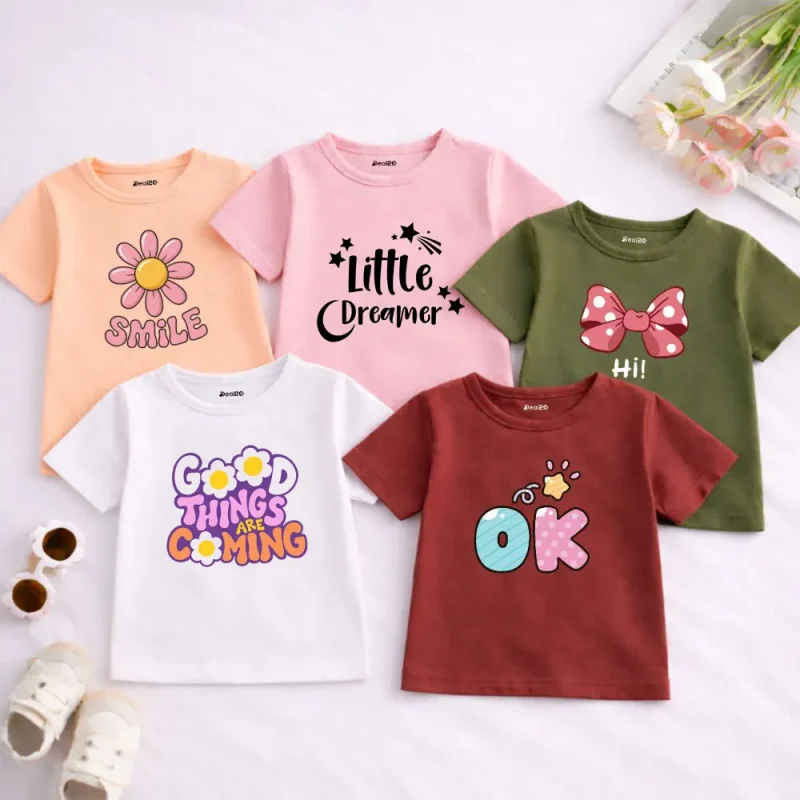 Pack of 5 Smile Mom Be Yourself Printed T-shirts for Girls Pack of 5 Smile Mom Be Yourself Printed T-shirts for Girls