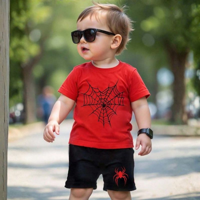 Red Mini Spidey Printed Summer Short Suit for Kids