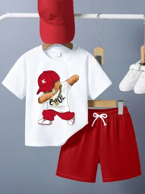 Kids Dabbing Cool Bear Printed Summer Short Suit