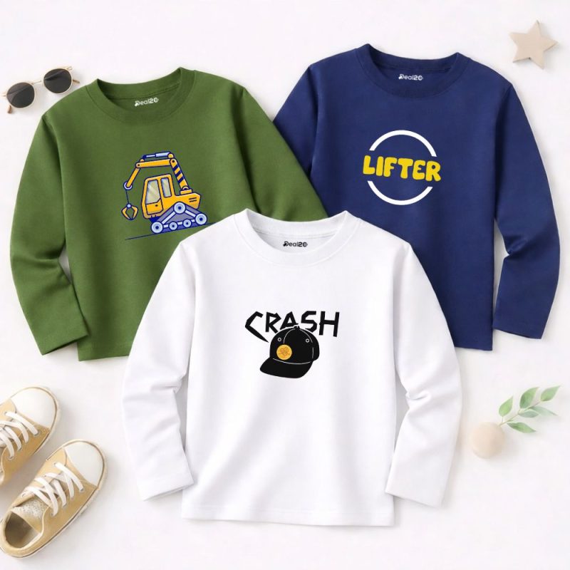 Pack of 3 Crash Lifter Printed Long Sleeve T-shirts for Young Kids Pack of 3 Crash Lifter Printed Long Sleeve T-shirts for Young Kids