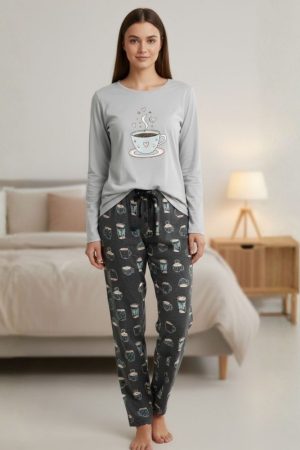 Coffee Cozy Graphic Print Jersey Nightwear Set for Womens