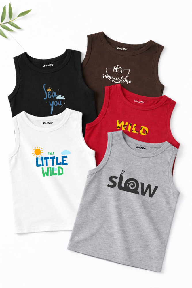 Pack of 5 Sea You Little Wild Kids Printed Tank Tops Pack of 5 Sea You Little Wild Kids Printed Tank Tops