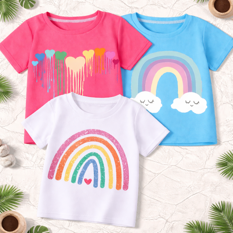 Pack of 3 Rainbow Heart Tee Printed T-shirts for Girls Pack of 3 Rainbow Heart Tee Printed T-shirts for Girls