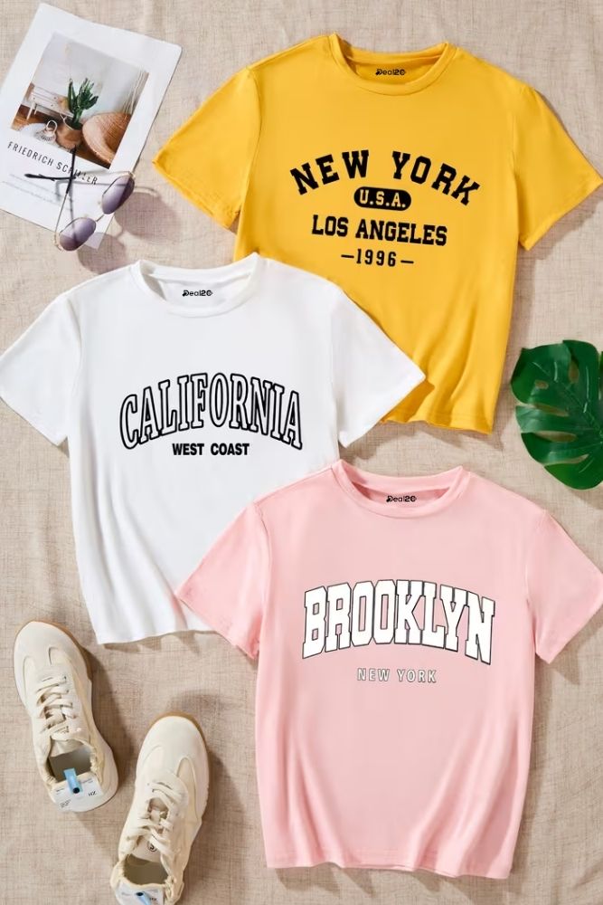 Pack Of 3 California Printed T-shirts for Girls Pack Of 3 California Printed T-shirts for Girls