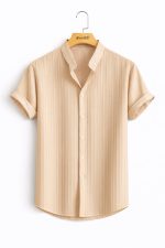 Beige Casual Solid Color Short Sleeve Jacquard Shirt