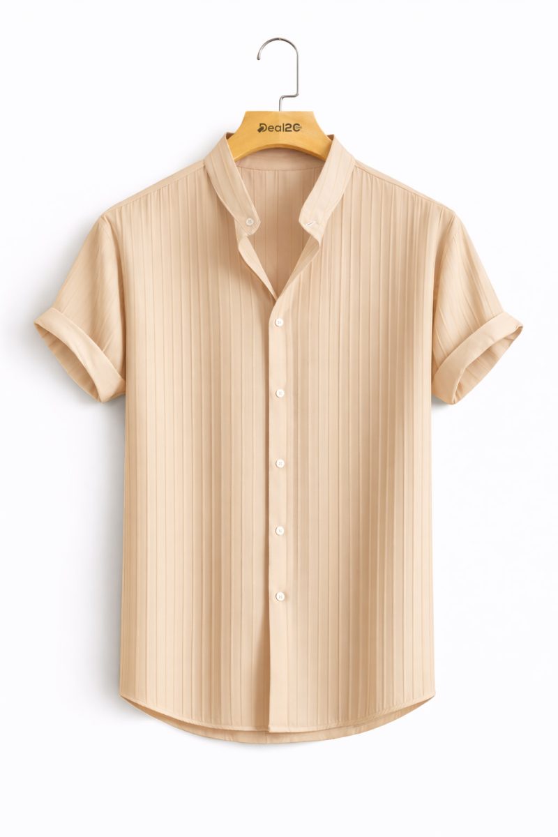 Beige Casual Solid Color Short Sleeve Jacquard Shirt