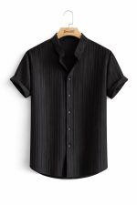 Black Casual Solid Color Short Sleeve Jacquard Shirt
