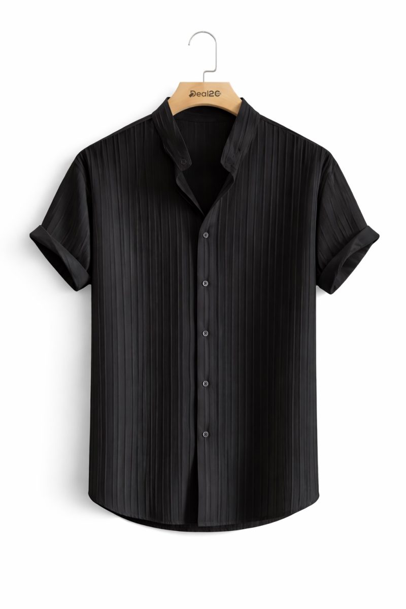 Black Casual Solid Color Short Sleeve Jacquard Shirt